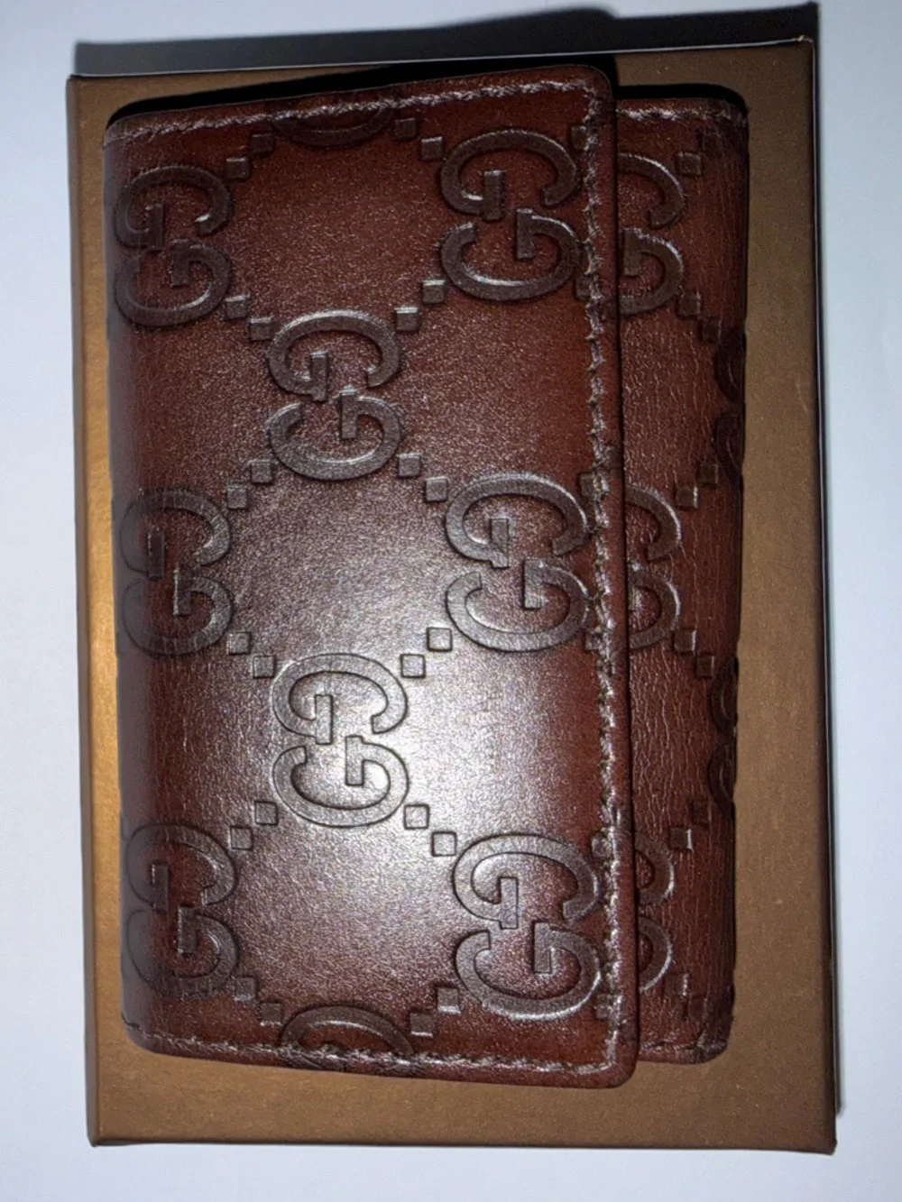 Gucci Brown Embossed GG Leather Key & Card Holder